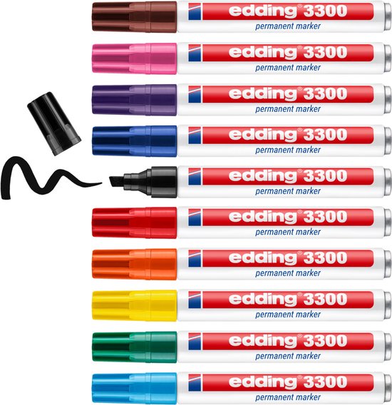 Tien edding 3300 permanente markers met gekleurde doppen en witte behuizing, met een zwarte lijn getekend.