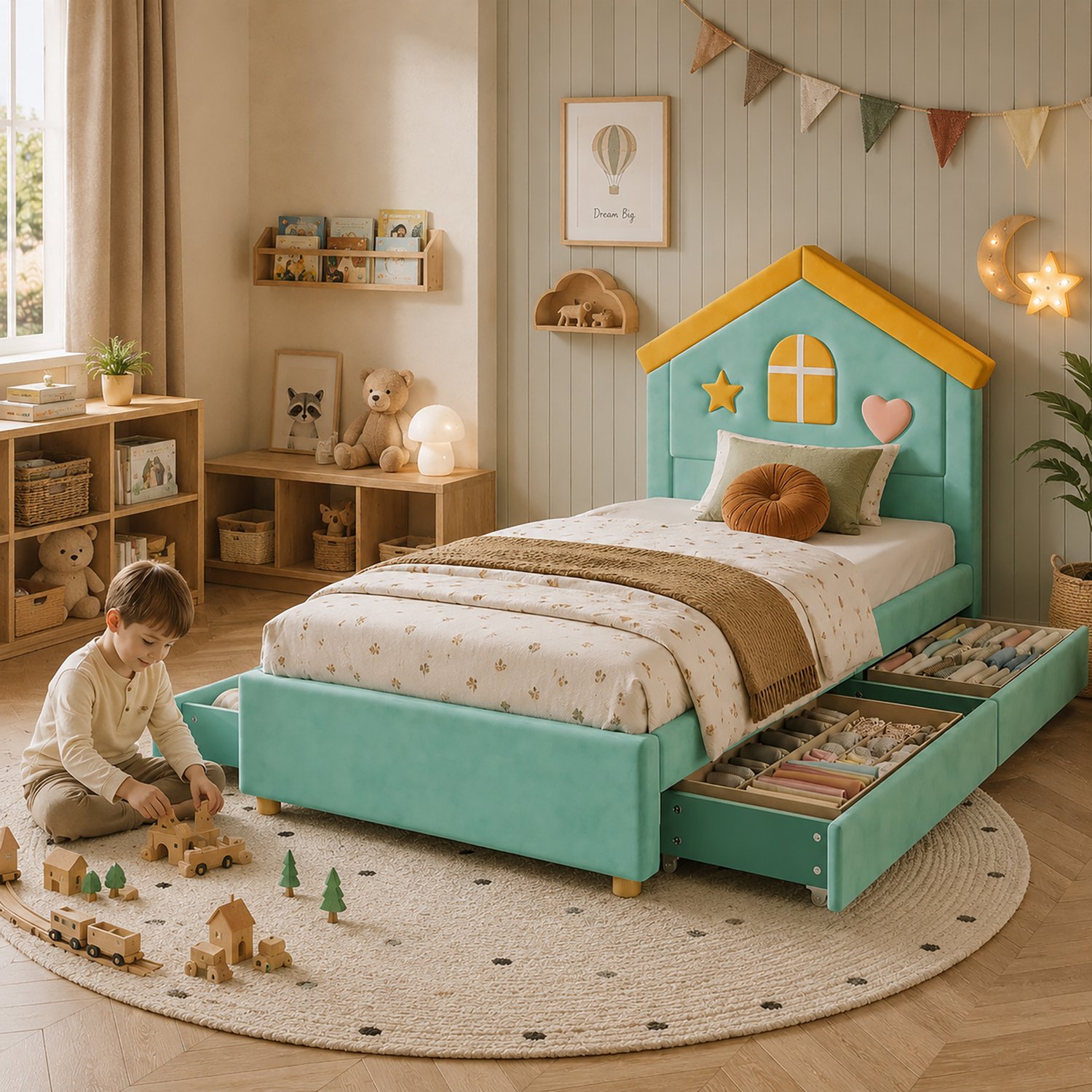 VVBV Kinderbed 90x200 – 4 Lades, Opbergruimte, Hoofdbord, Huisbed Design – Kinderbed met Lade – Fluweel – Blauw/Groen Blue+Green