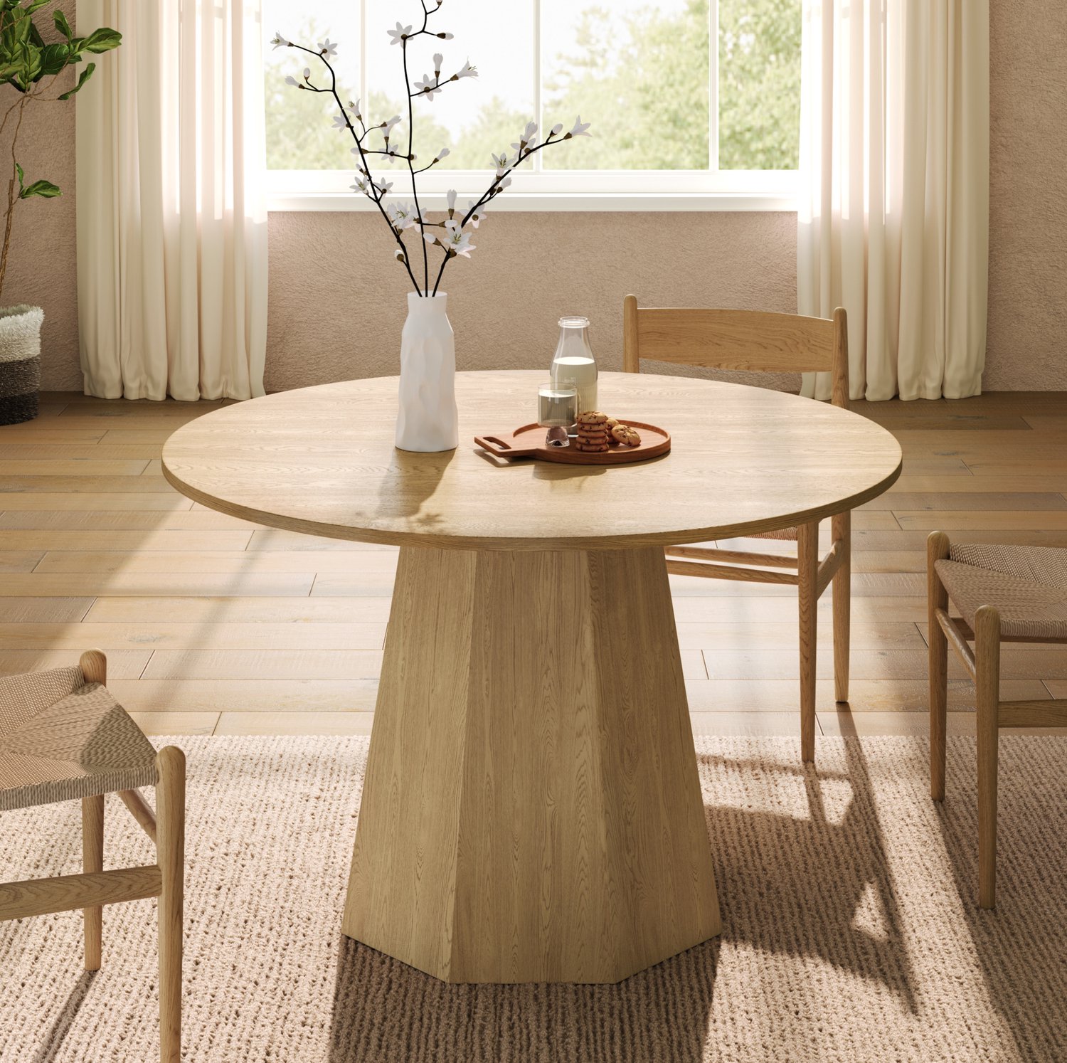 CHICFURN Eettafel - 4-6 personen - Rond - Tafelvoet - Eikenkleur