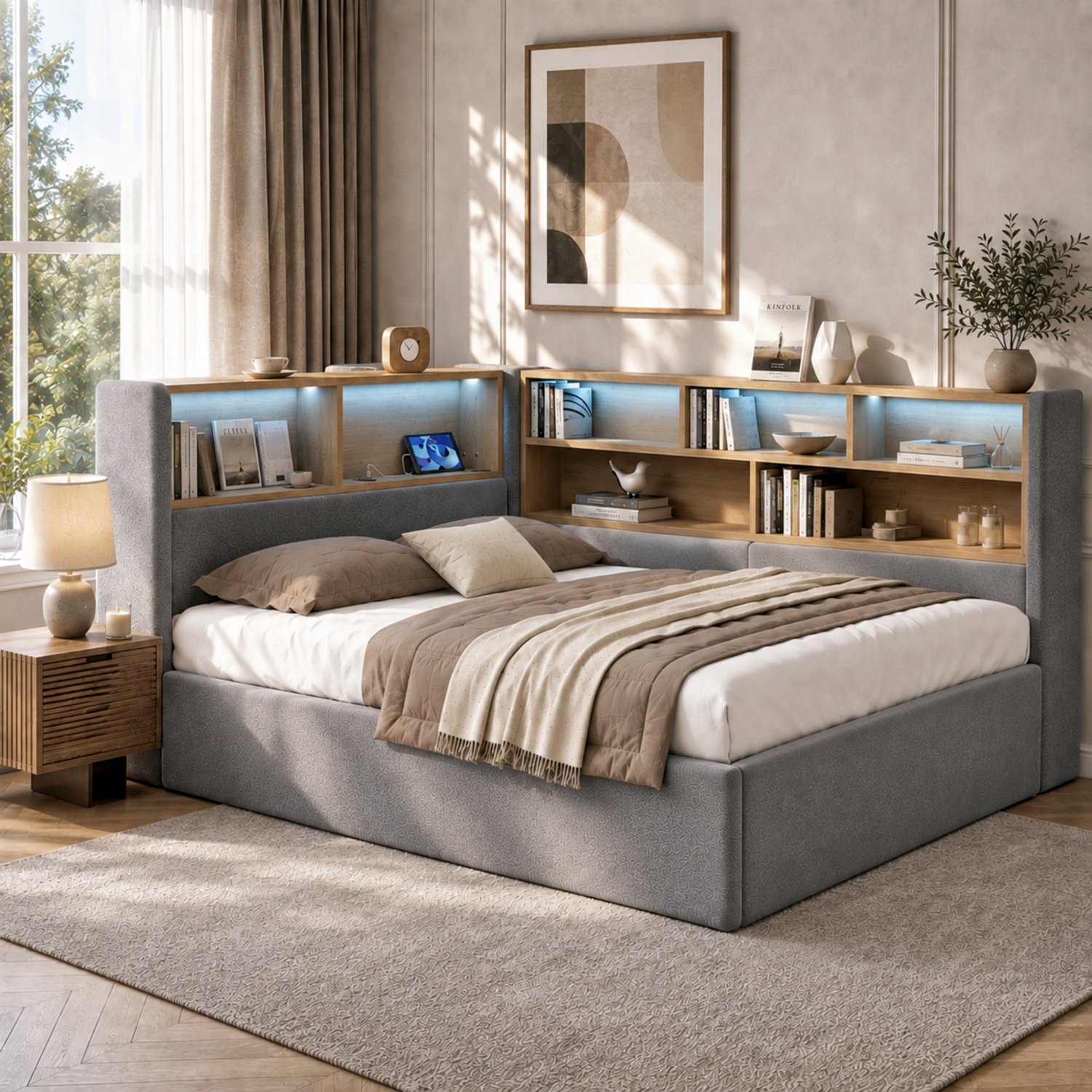VVBV Bedbank / Daybed 140x190 – Hydraulische Opbergruimte, Slaapfunctie, LED-Verlichting, USB, Lattenbodem, Hoofdbord, Tot 220 kg – Fluweel – Grijs