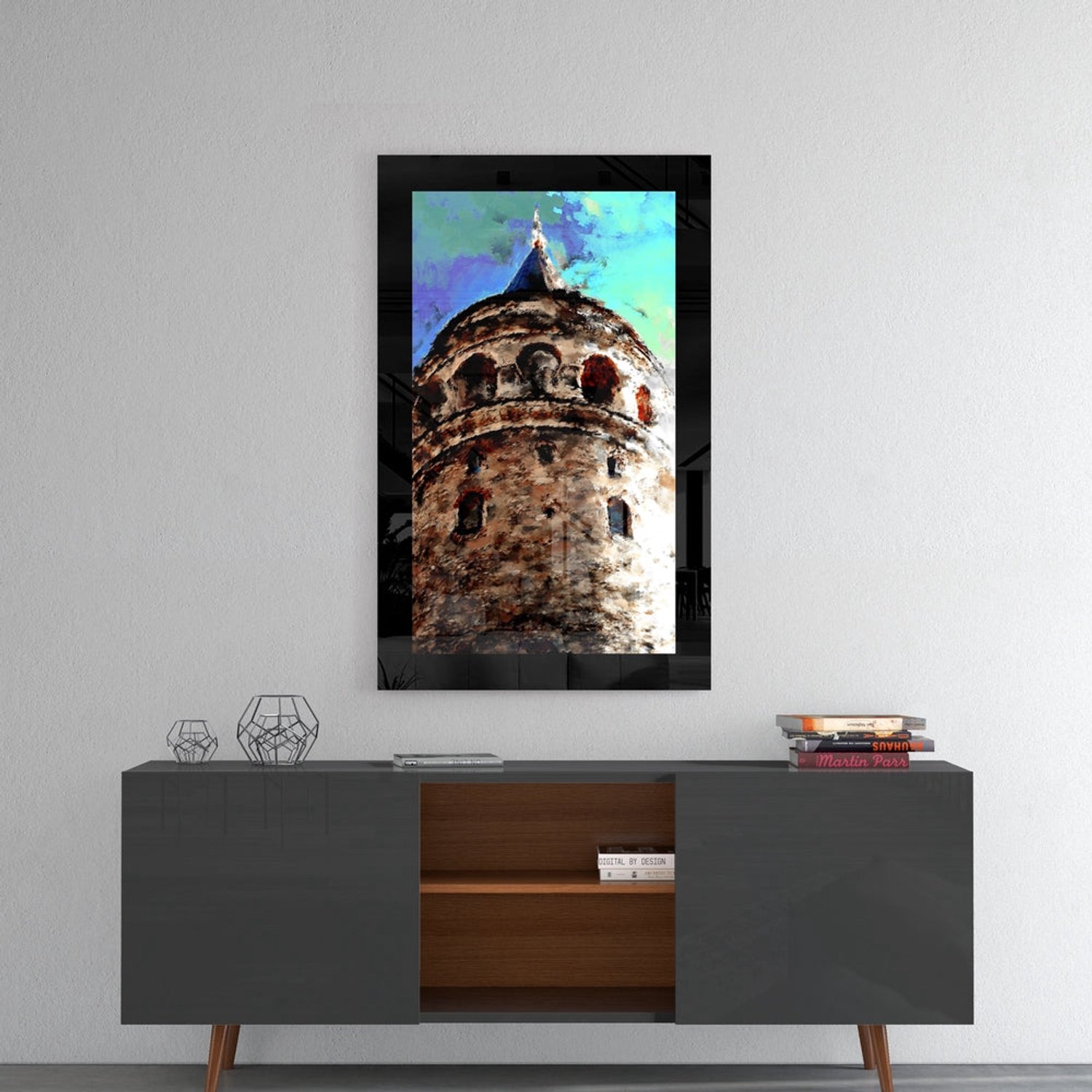 Glasschilderij – Galatatoren van Onderen Gezien – Moderne Kunst aan de Muur