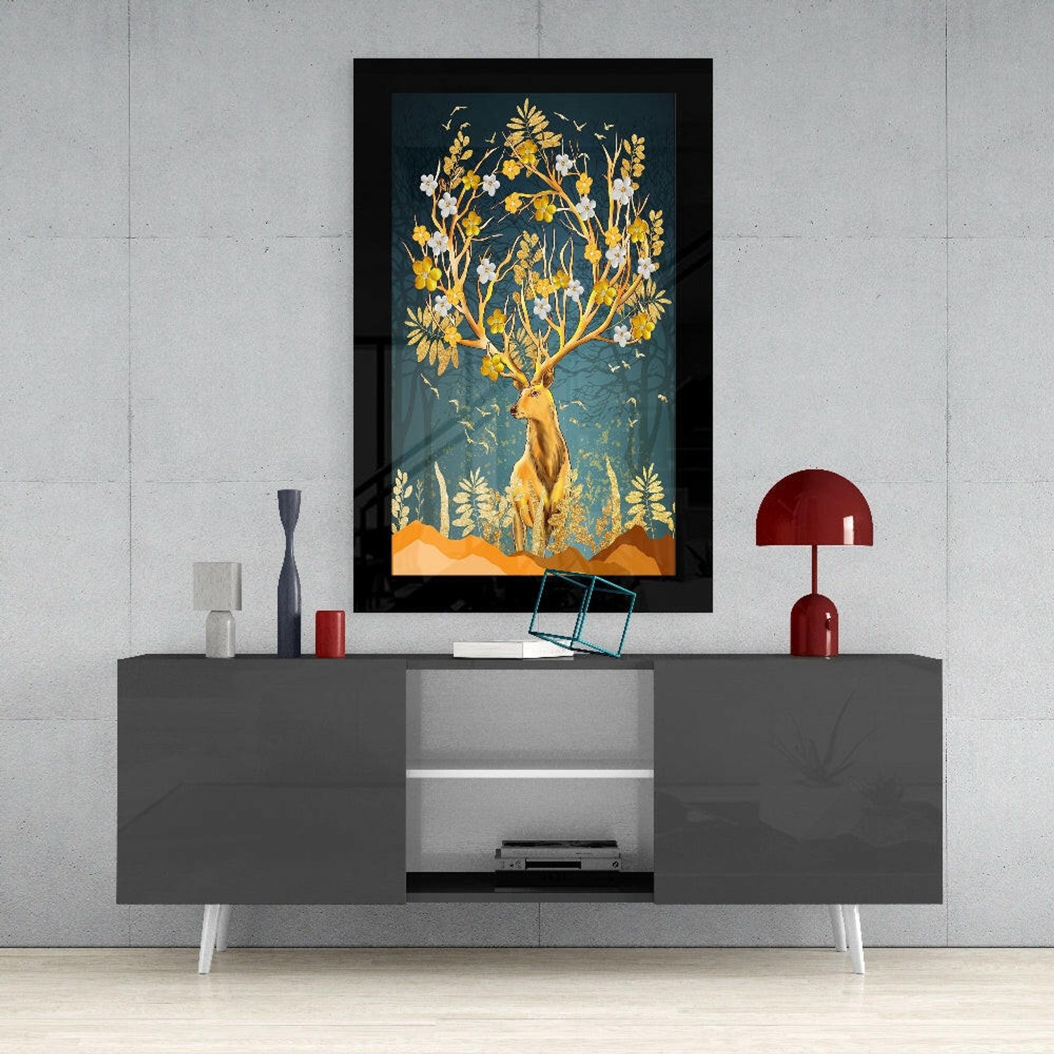 Glasschilderij – Gouden Hert – Karaktervolle Wandkunst