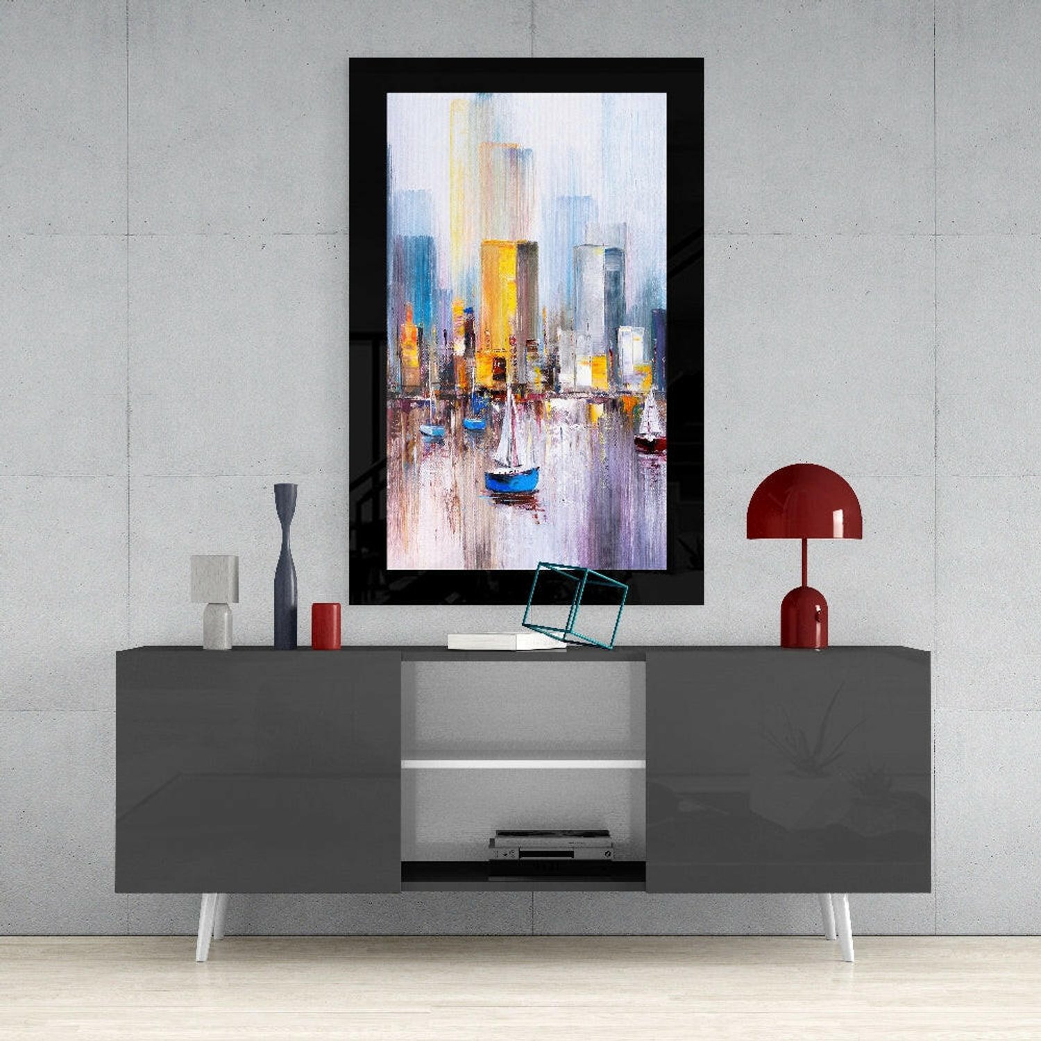 Glasschilderij – Amberkleurige Skyline met Zeilboten – Decoratieve Kunst aan de Muur
