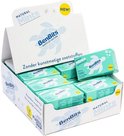 Displaydoos met BenBits pepermuntjes, verpakkingsdozen in lichtblauw met schildpadlogo, tekst: Zonder kunstmatige zoetstoffen.