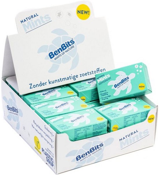 Displaydoos met BenBits pepermuntjes, verpakkingsdozen in lichtblauw met schildpadlogo, tekst: Zonder kunstmatige zoetstoffen.