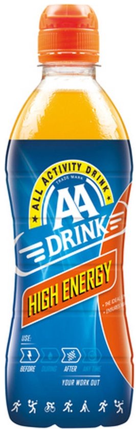 AA Drink High Energy sportdrank in een blauwe fles met oranje dop en oranje accenten.
