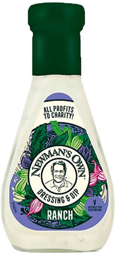 Fles Newman's Own Ranch dressing met een donkergroene dop en een label met groenten en de tekst 'All profits to charity'.