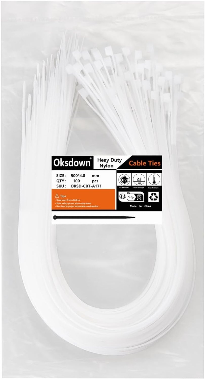 Witte Kabelbinders van Nylon, 500 mm x 4,8 mm, UV-bestendig, 100 Stuks, Hoge Treksterkte voor Industrie en Tuinbouw