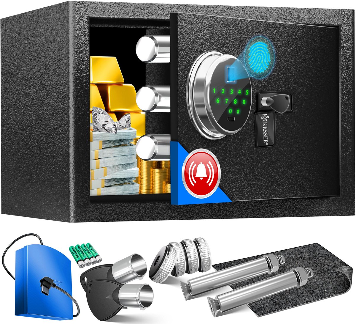 KESSER® Kluis met vingerafdruk - Elektronische safe met sleutel en noodaccu - Zwart maat S