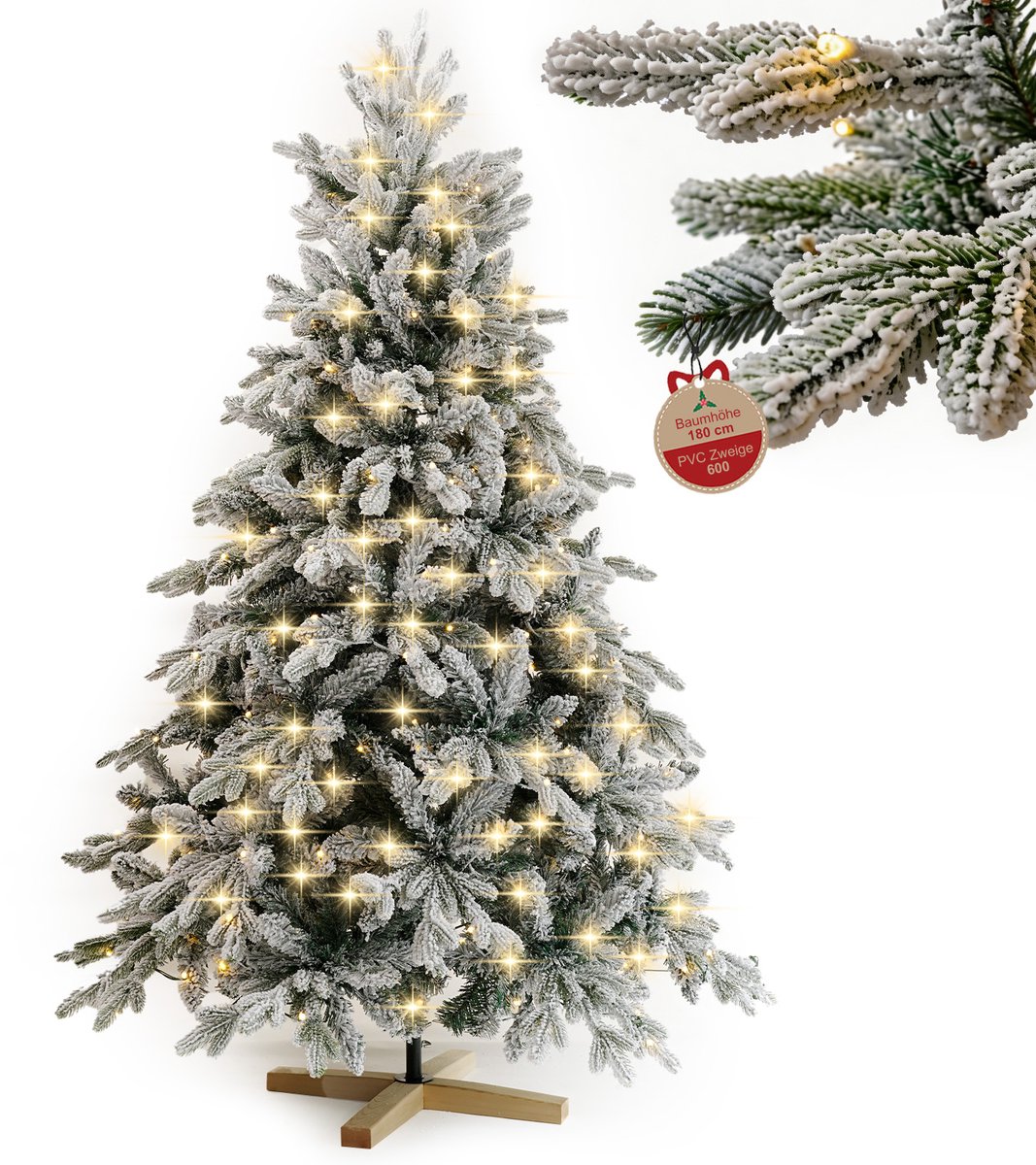 Arvioo kunstkerstboom‑180cm‑sneeuw‑voorverlicht‑warmwit‑LED‑houten voet‑PVC‑PE