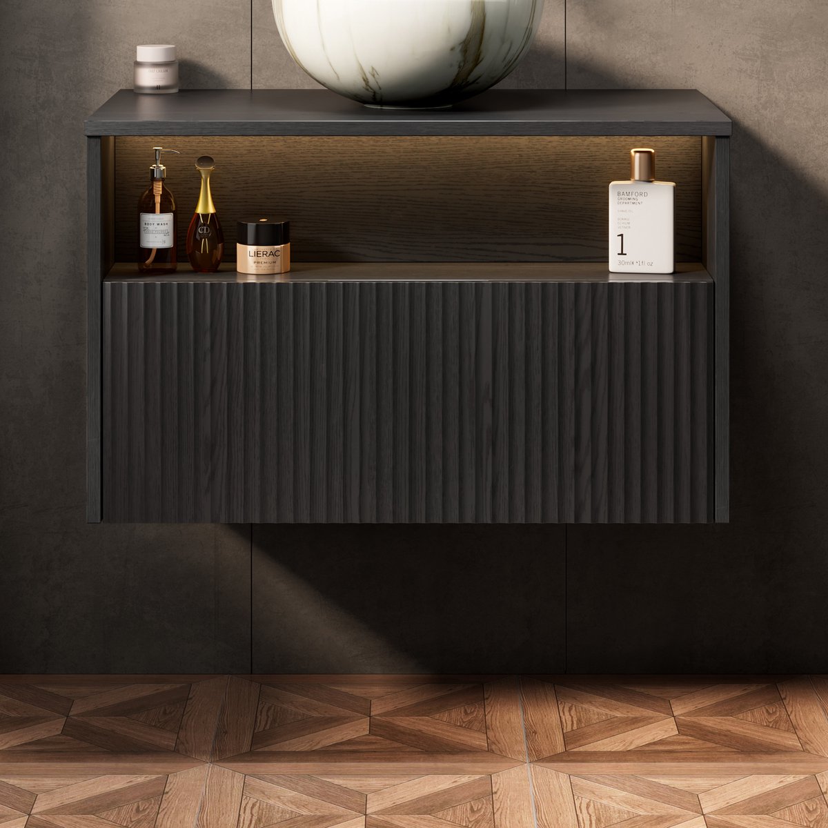 REDOM - Badkamermeubel - Wandmontage - Lade en open opbergruimte - Zonder wastafel en kraan - Multiplex - Zwart - 80 x 46 x 46,8 cm