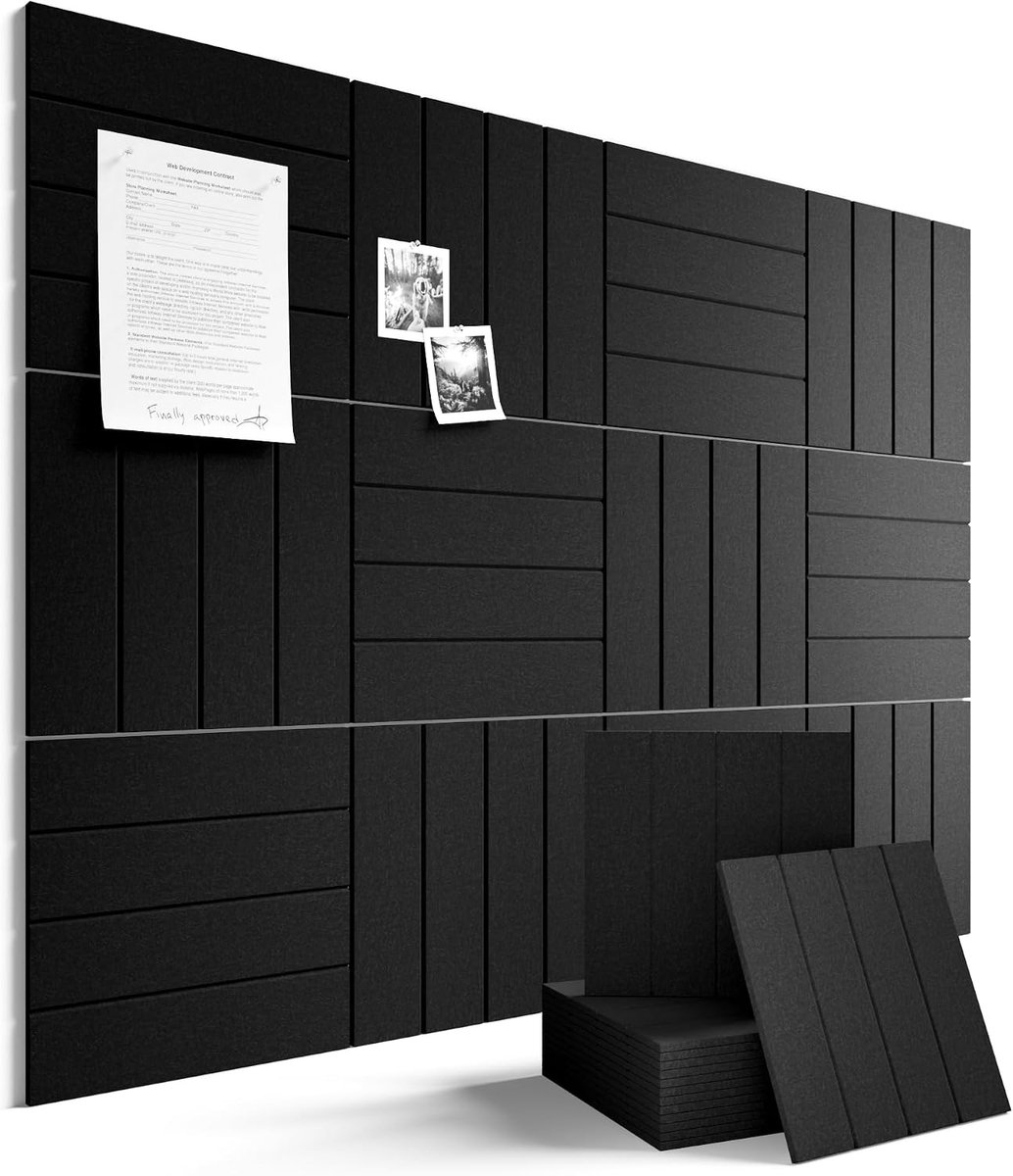 Prikbord Zelfklevend-Inhoud 12 Stuks-24x24cm-Zwart-Viltbord-Memobord