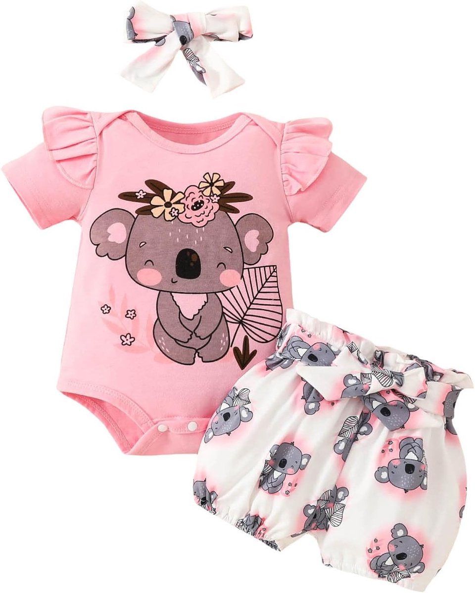 2-delige set voor meisjes, katoen, zomer, top met bloemenprint en shorts, effen, zacht, landschap, chic, modieus, A140