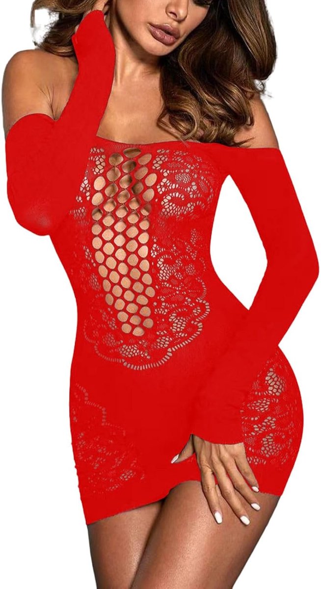 Mini-jurk voor dames, netstof, schoudervrij, nauwsluitend, babydoll, lange mouwen, holle, babydoll, transparant, mesh, elastisch, nachthemd, kort, nachtkleding, clubwear
