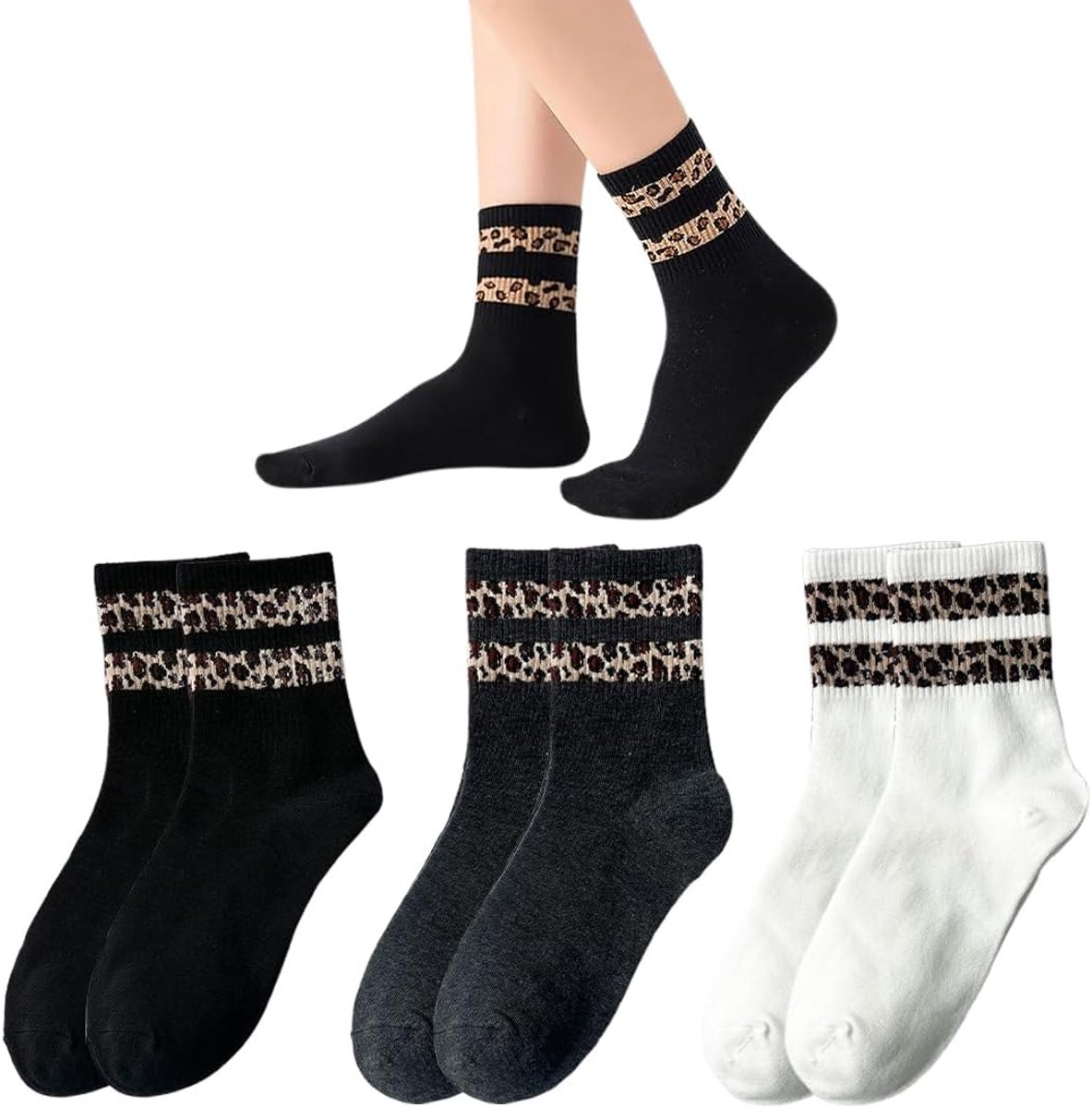 Crew Socks, 3 paar grappige katoenen sokken met luipaardpatroon voor dames, geschikt voor werk en vrije tijd, sportsokken (zwart, wit, grijs)