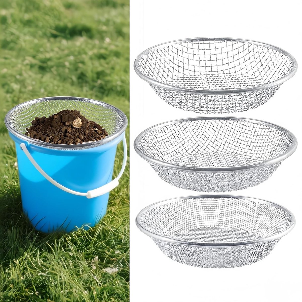3 zeefinzetstukken, compostzeef van roestvrij staal voor aarde, compost, zaaigoed, zeer belastbaar en thermisch verzinkt, compatibel met 3 containers van 19 liter, snel zeven van stenen en
