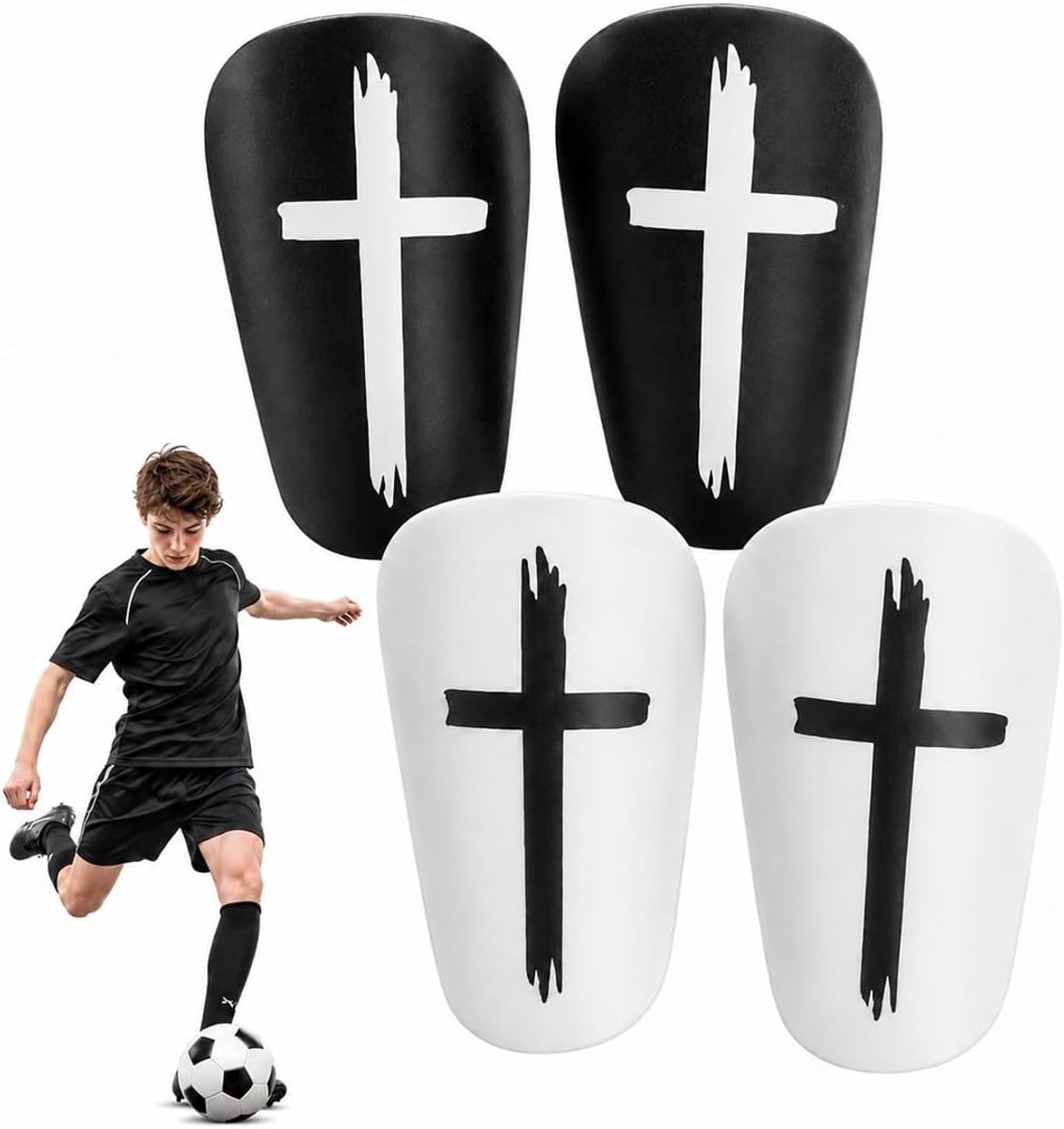 Set met 2 mini-voetbalbeschermers, kruisdesign, maat S, kleur zwart en wit, bescherming tegen letsel en wedstrijd