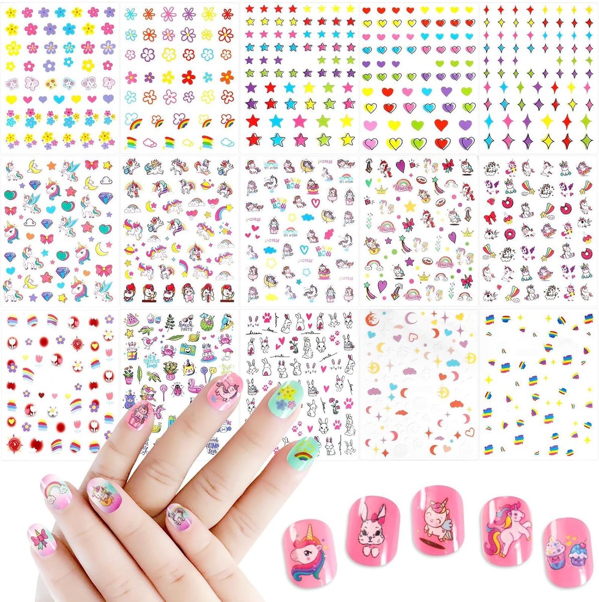 Zelfklevende Nagelstickers voor Kinderen, 15 Bogen met Eenhoorn, Regenboog, Bloemen en Dieren - Perfect voor Nageldesign en Verjaardagsfeestjes voor Meisjes