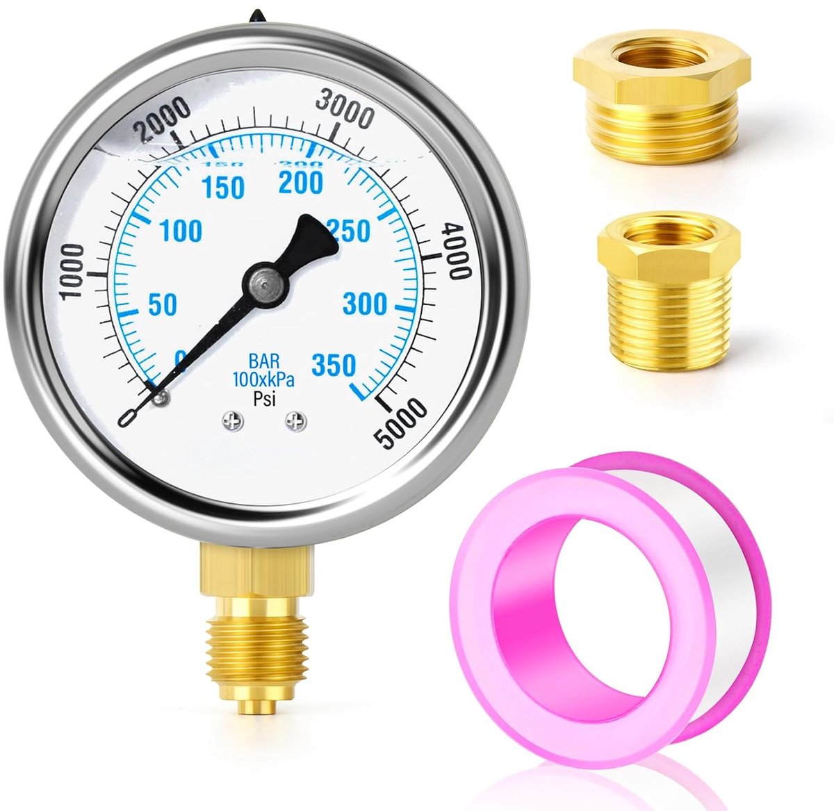0-350 bar/0-5000 PSI roestvrij staal 1/4" BSP 2,5" FACE DIAL vloeistofgevulde manometer, ondermontage met 3/8" x 1/4" en 1/2" x 1/4" messing zeskantbus WOG water olie lucht