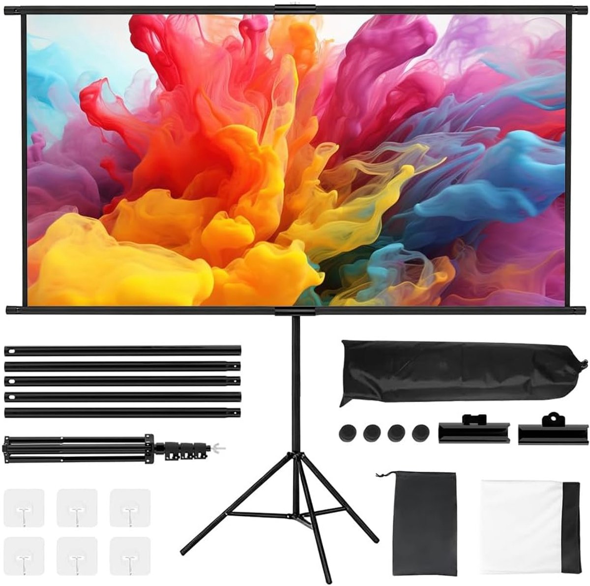 Beamerscherm met statief, 100 inch, groot projectiescherm standaard, outdoor, draagbaar, met draagtas, in hoogte verstelbaar, indoor HD 16:9 voor- en achterkant, voor thuisbioscoop en camping