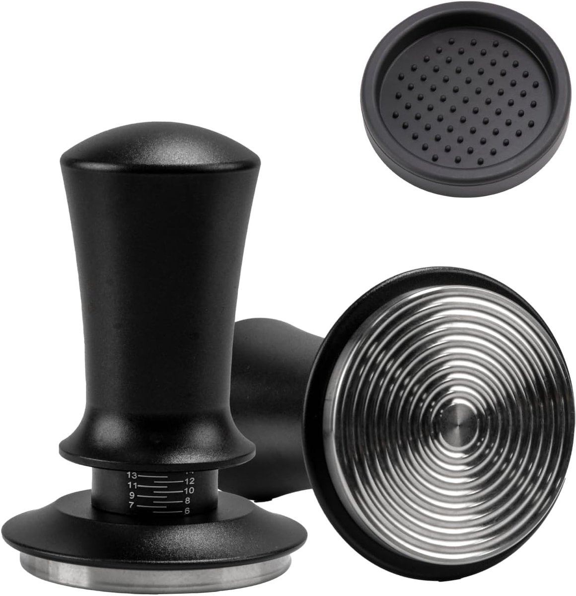 58 mm espressopoederpers, 58 mm koffiepoederpers, koffiepoederpers, verstelbare koffiepoederpers, poederpers met instelbare schaal, accessoires voor koffiezetapparaat + siliconenmat (zwart)