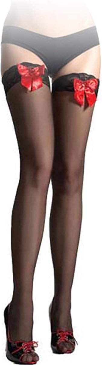 Overknee sokken - jarretel sokken met rode strik lange overknee sokken sexy kousen Jarretel Struempfe Kniestruempfe voor vrouwen en dames nylon zwart Eén maat voor iedereen
