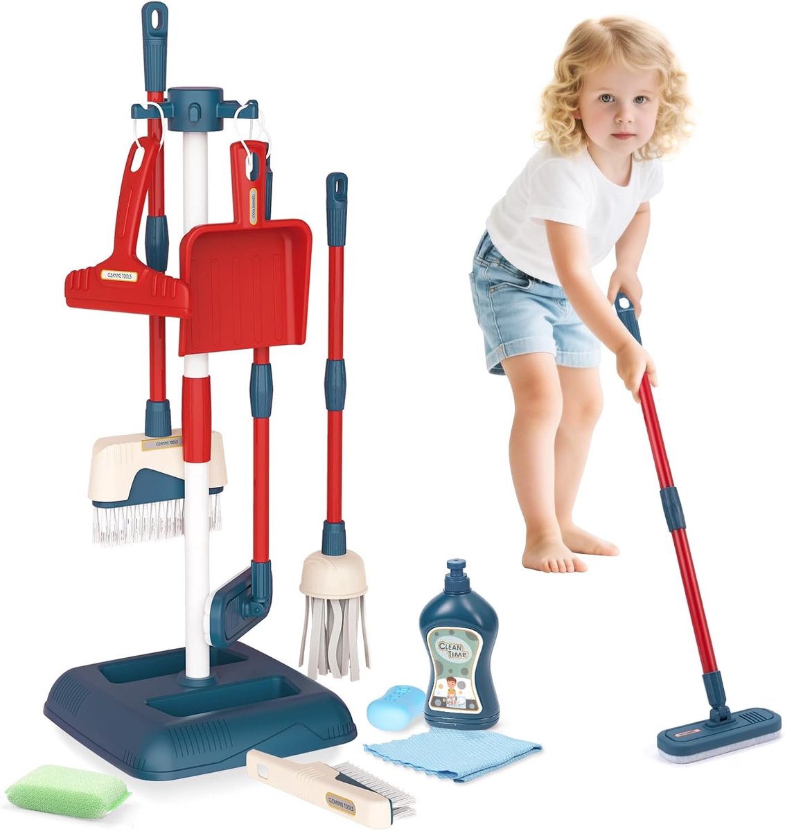 Bezem met lange steel, veegschep, handveeg, dweilset met standaard, kinderbezem, speelgoed jaar