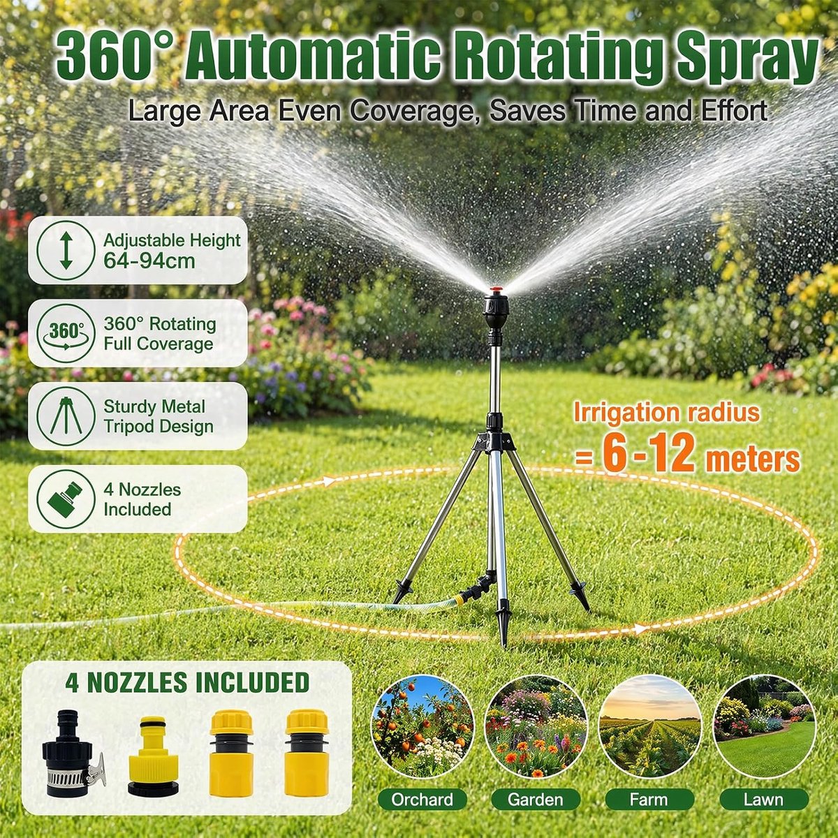 Tripod-sproeier, 360° in hoogte verstelbaar sproeiopzetstuk, irrigatiesysteem, automatisch roterende statiefsproeier, roestvrij staal, telescopische sproeier voor tuin, buiten, gazon, erf
