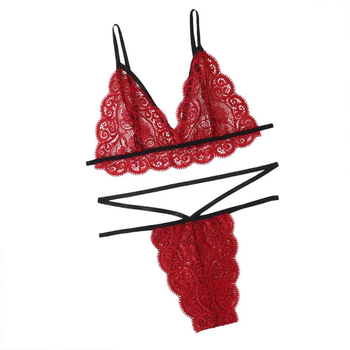 Dames Kanten Ondergoed Vrouwen Sexy Lingerie Perspectief Nachtkleding Bh String X-2XL-Wine_XXL