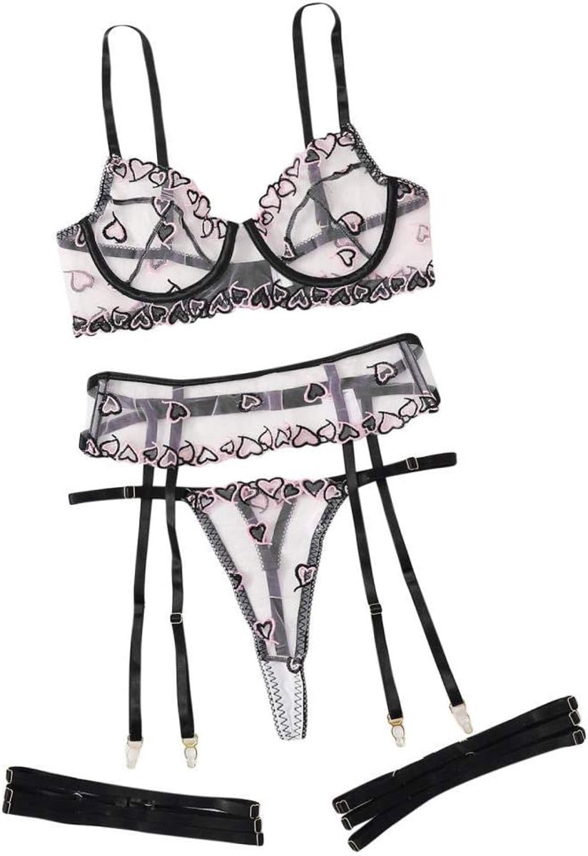 Babydolls, nachtjaponnen & negligés Erotische Lingerie Vrouwen Hol Beha String Kousenband Ondergoed Sexy Kostuum Transparante Nachtkleding Borduurwerk Set