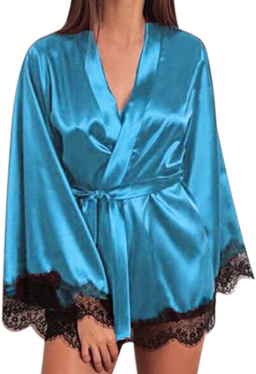 Sets met nachtmode & ochtendjas Dames Nachtkleding Satijnen Nachthemd Zijden Kanten Lingerie Nachtjapon Nachtkleding Sexy Pyjama-Blue_S