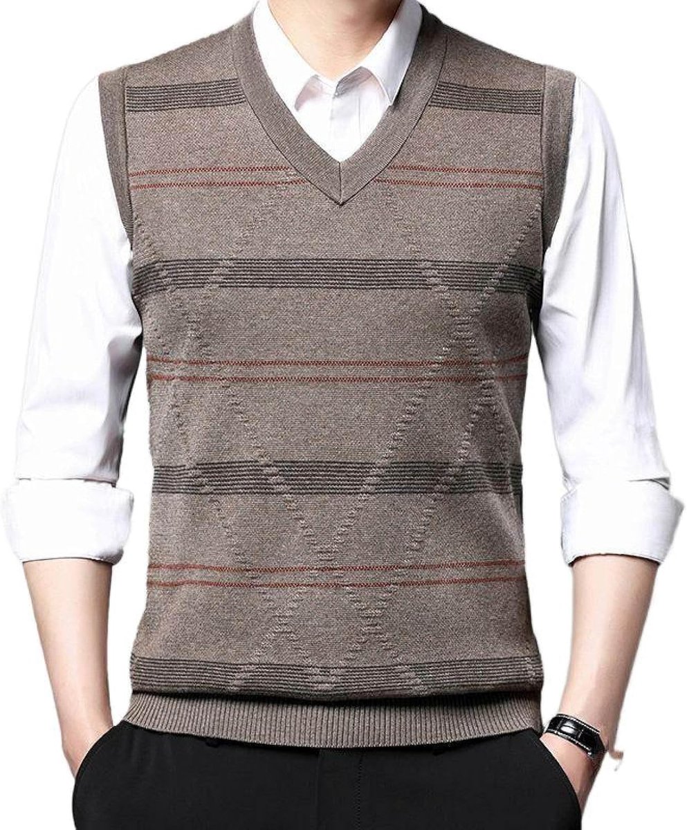 Kasjmier Gemengd Gebreid Vest Met V-Hals, Klassiek Streepkleur Bijpassend Ontwerp Casual Mouwloos Vest Pullover Trui, Zakelijk Heren Breigoed Gebreid Vest Trui Tanktops,Kaki,S