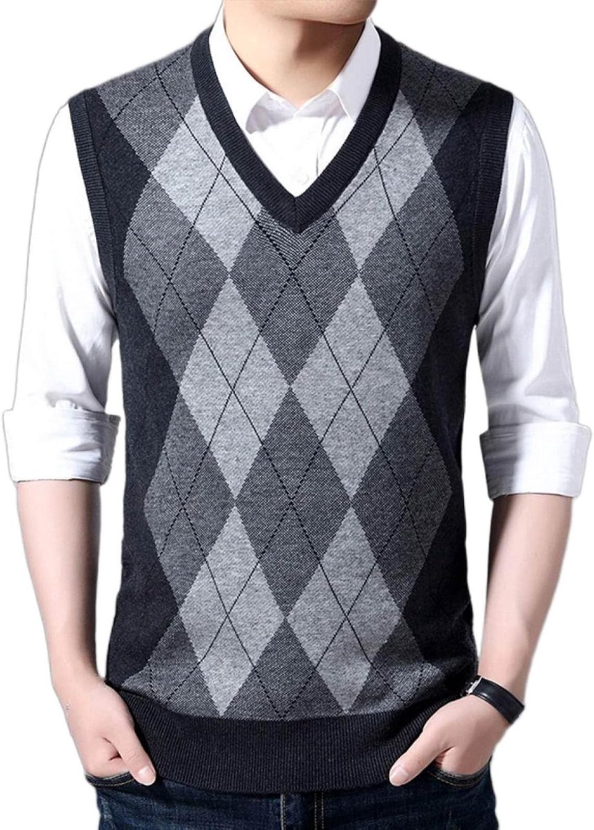 Gilet Argyle Gebreid Vest Met V-Hals, Klassiek Mouwloos Casual Jacquard Herenvest Met Pullover Dieptepunt, Zakelijk Heren Breigoed Gebreid Vest Trui Tanktops,Donkergrijs,S