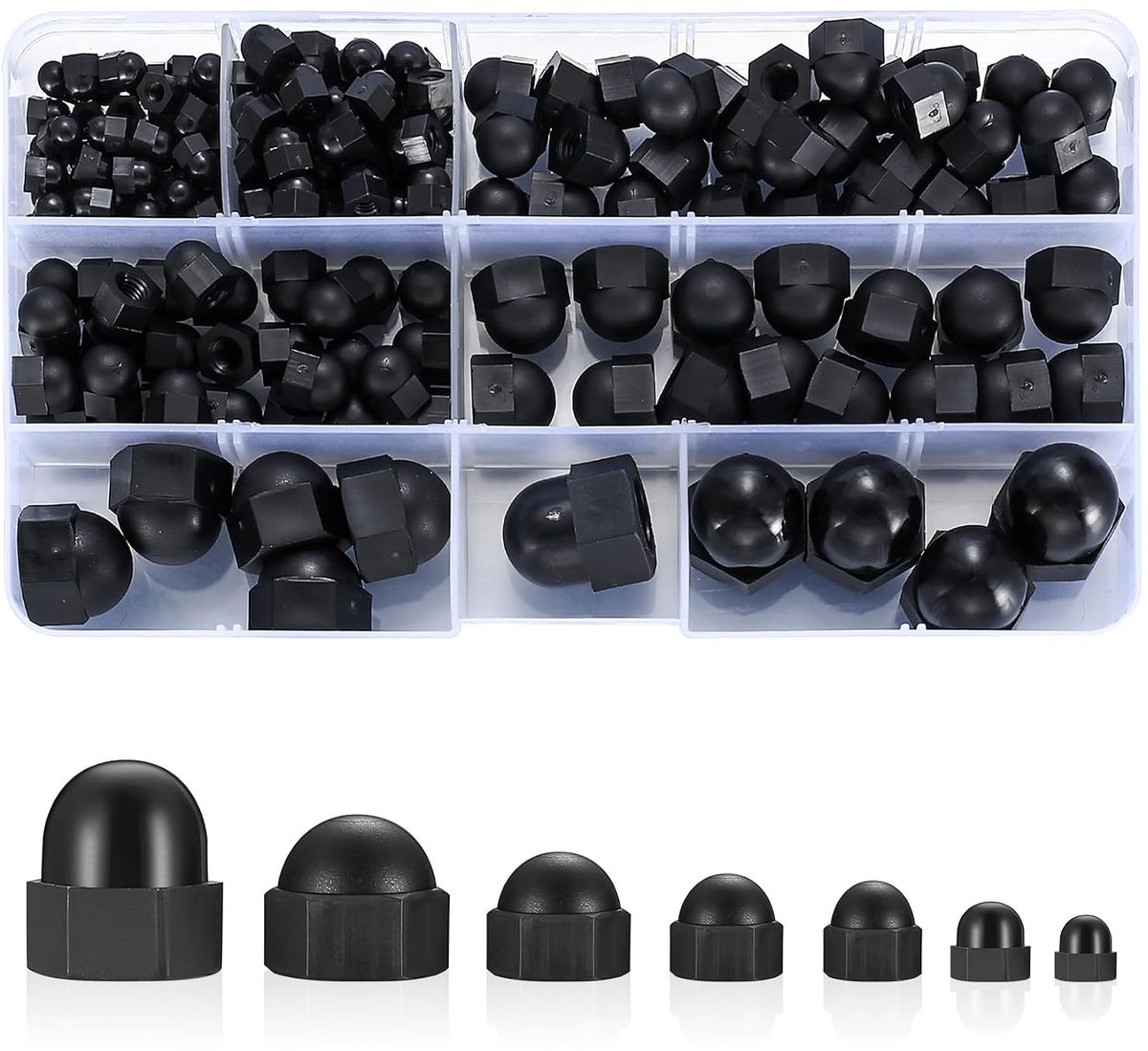 165 stuks zwarte dopmoeren hoge vorm set, M3/M4/M5/M6/M8/M10/M12 zeskant dopmoeren gelegeerd staal, met opbergdoos