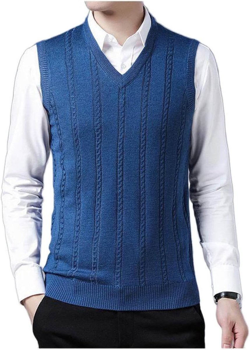 Kasjmier Vest Met V-Hals, Winter Effen Kleur Geribde Zoom Jacquard Mouwloos Gebreid Vest Pullover Trui Vest, Klassiek Zakelijk Heren Breiwerk Vest Trui Tanktops,Meer Blauw,S