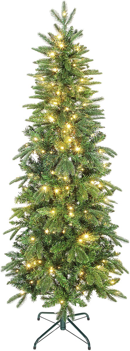 Smalle kunstkerstboom - 180 cm - 200 LED - 605 takpunten - 8 lichtstanden - scharnierconstructie - groen - voor kleine ruimtes