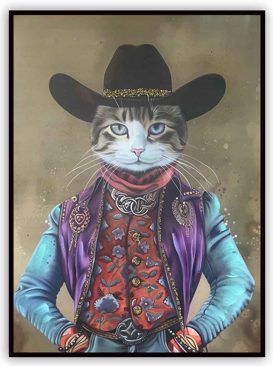 homebound by ky Schilderij cowboy cat 60x80cm Meerkleurig