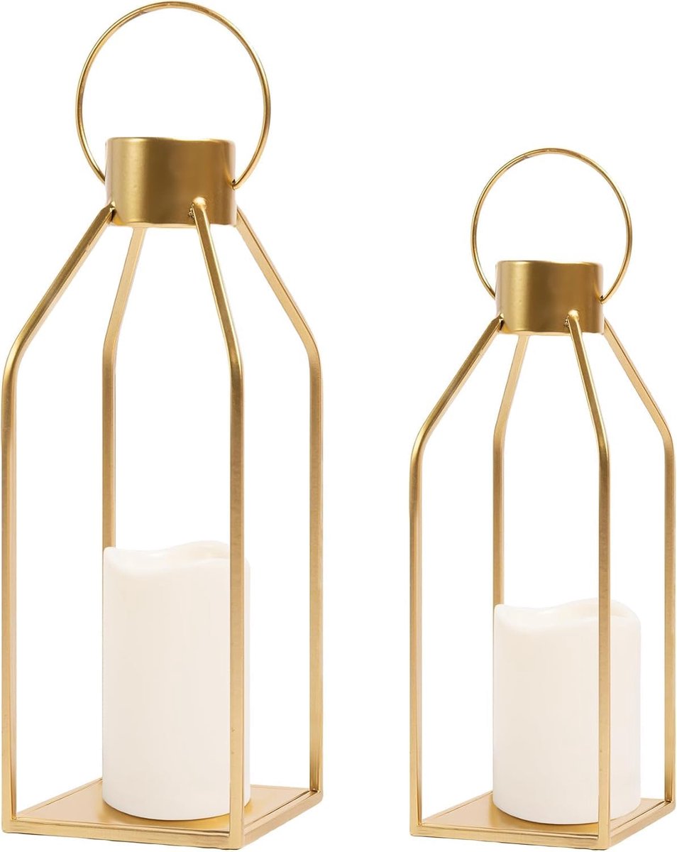 Decor moderne boerderij lantaarn, 2 stuks metalen kaars lantaarn veranda decor voor thuis, woonkamer, open haard, geen glas voor binnen en buiten decoraties (exclusief kaarsen) (gouden)