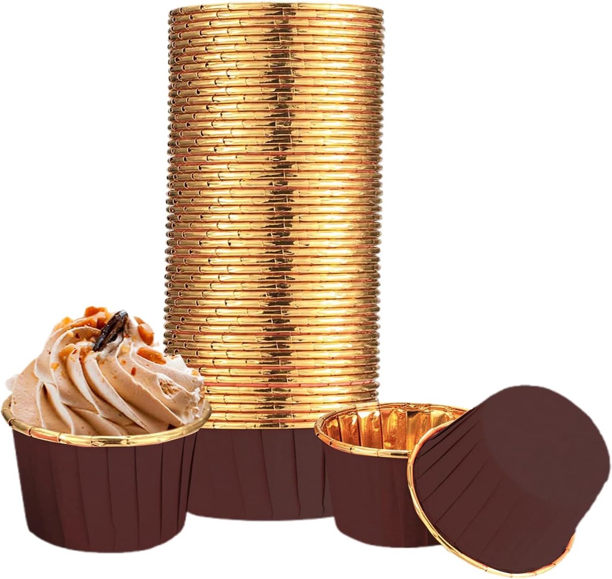 100 stuks cupcake-muffinvormpjes van aluminiumfolie, muffinvormpjes, papier, bruin-goud met bloemenpatroon, wegwerpbaar, ideaal voor verjaardag, Kerstmis, party, bruidsdouche