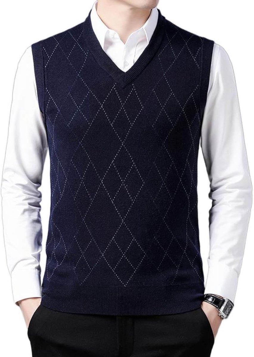 Argyle V-Hals Gebreid Vest, Klassiek Mouwloos Vest Verdikt Heren Kasjmier Trui Vest Herenkleding, Business Gentleman Knitwear Gebreid Vest Sweater Tank Tops, Marineblauw, S