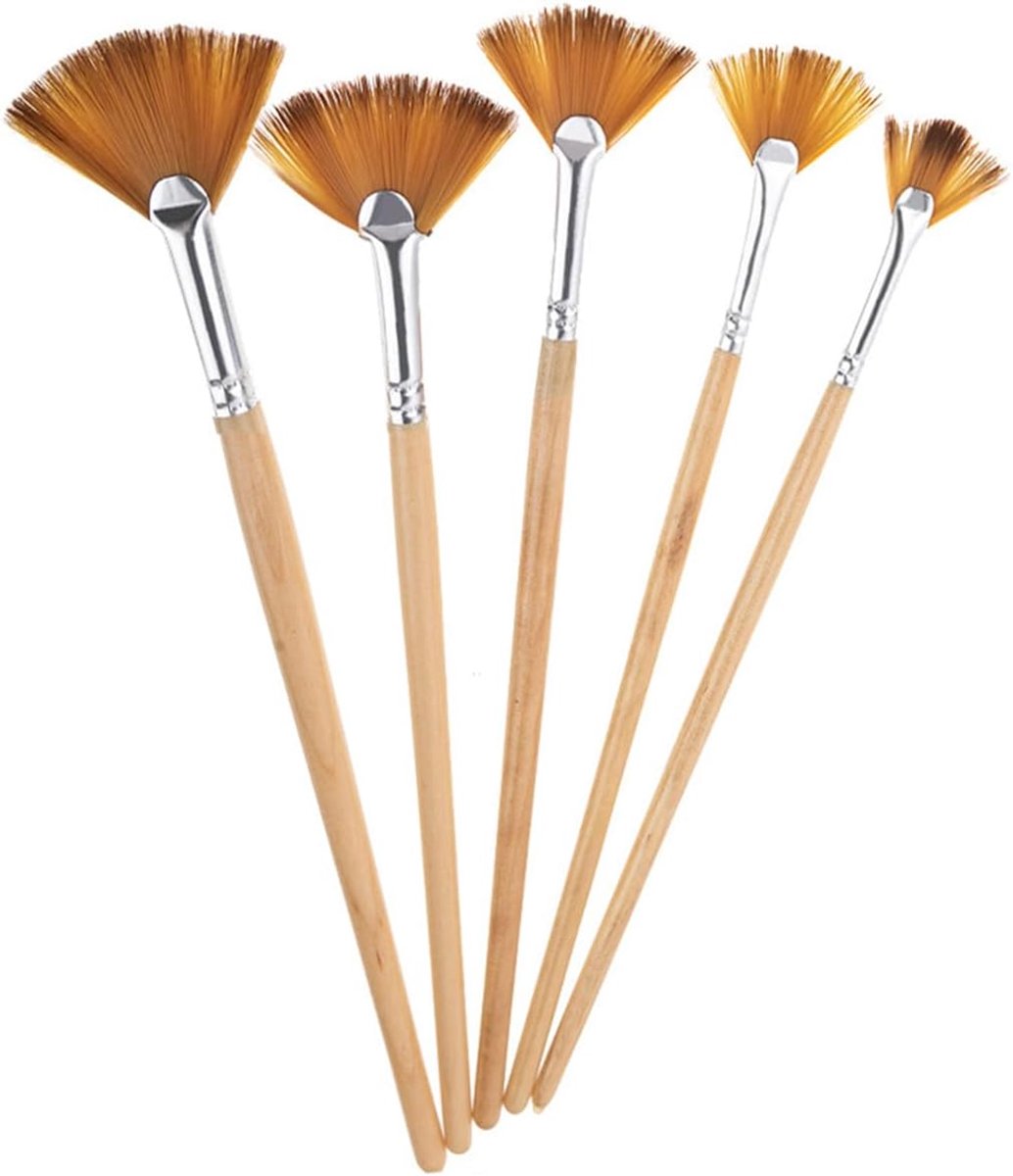 Set, 5 stuks nylon waaierborstels voor schilderen, anti-vergieten kunstenaarsborstels voor kunst acryl aquarel olieverf, ergonomisch houten handvat
