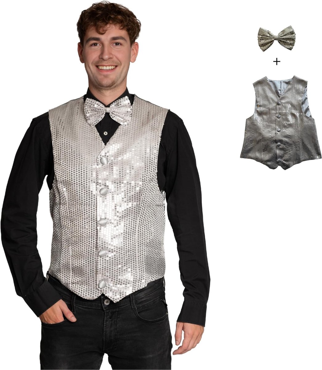 Gilet met Vlinderdas Carnaval Heren Gilet Glitter Pailletten - Goud, Zilver, Roze, Groen, Rood of Turquoise - Maat S t/m 3XL