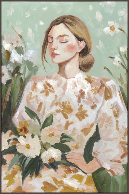 Een schilderij van een jonge vrouw met gesloten ogen, een boeket bloemen in haar handen en een jurk met bloemenpatroon.