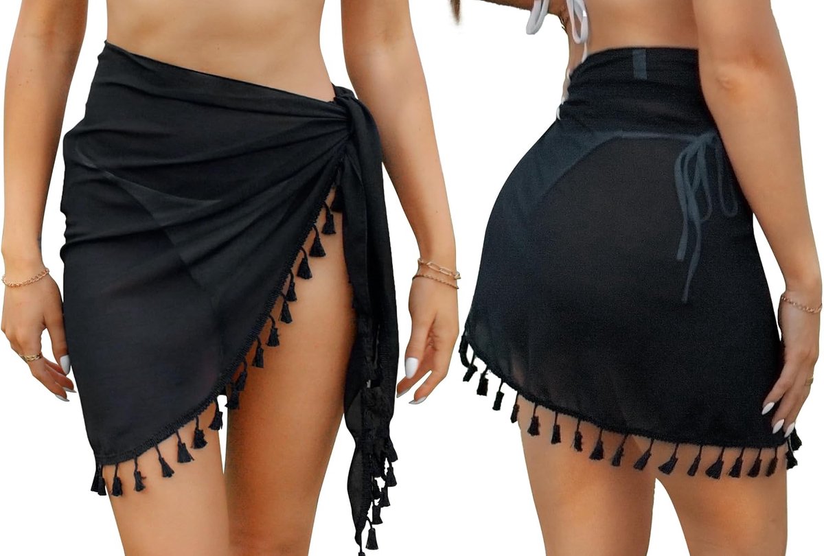 Sarongs voor vrouwen strandkleding chiffon strand wrap sarong wrap sarong rok strand cover rok met franjes 2 stuks, 2 stuks Zwart, one size