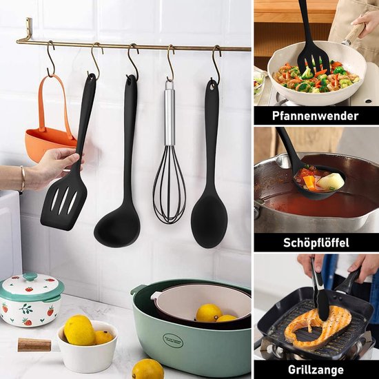 Keukenhulpset, 9 stuks, zwart, siliconen keukengerei, hittebestendig kookgerei, kookgerei set met spatel, garde, grilltang, anti-aanbak, kookbestek voor koken en bakken — afbeelding 3