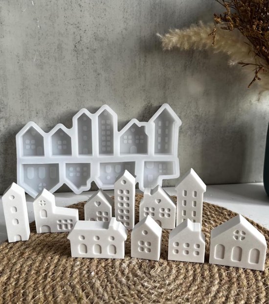 Gietvormen huizen, siliconen gietvorm, mini-huizen, 10 vormen om uit te gieten met gips, creatief beton, was, gietpoeder, gietvorm brandproduct — afbeelding 4