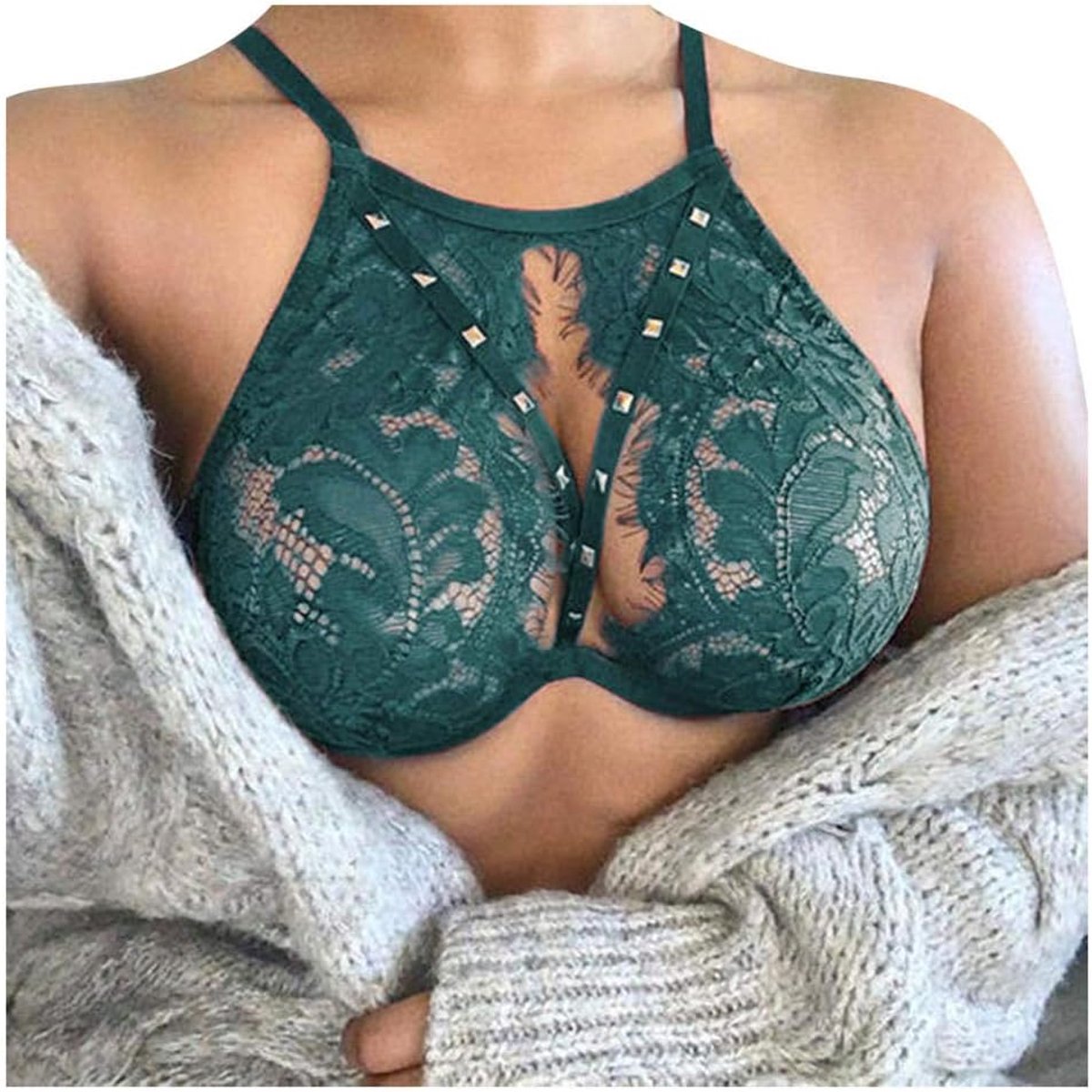 Klassiek Bh set Jarretellegordel en Kous LingerieVrouwen s Holle Kant Sexy Lingerie Bralette Diepe V Beha Sexy Lingeri Vrouwen sexy Lingerie Corset Kant Bandage-Green_XL