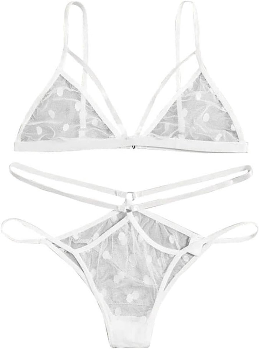 Vrouw sexy lingerie set doorzichtige kant draadloze beha string kostuums nachtkleding-WHITE_S