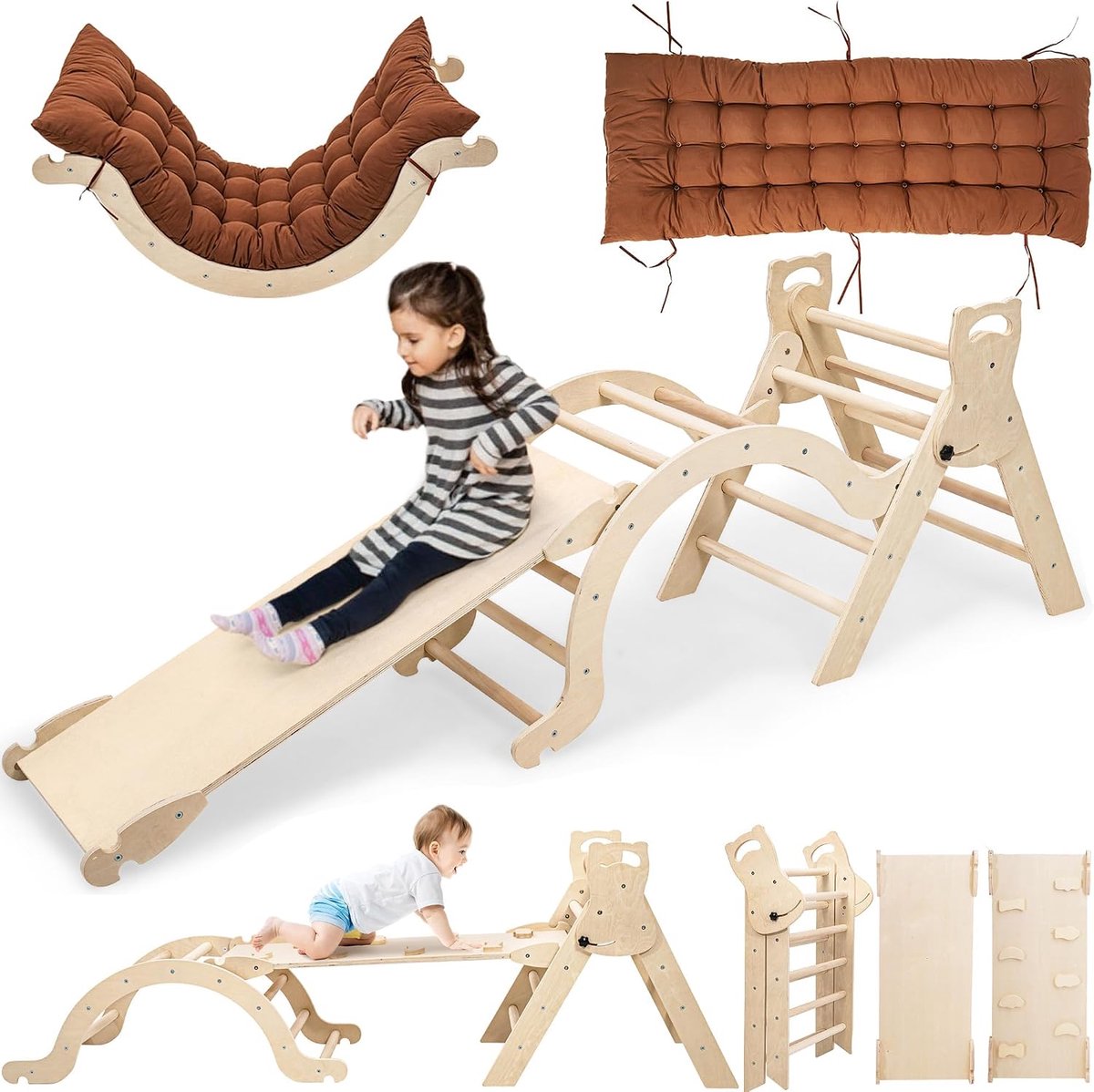 Klimframe voor peuters leeftijd 1 2 3 4 5, indoor kinderen houten klimframe met glijbaan driehoek klimboog en kussen Montessori speelgoed peuter kind gym - medium (natuurlijk en ongeverfd)