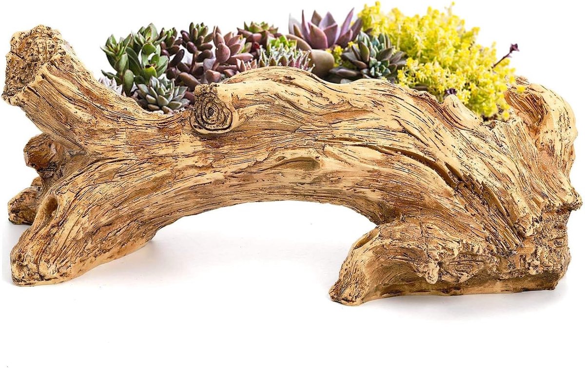 Kunstmatige Drijfhout Plantenbak, Hars Succulente Plantenbak Vintage Boomwortelstronk Log Zoals Bloemcontainer Pot Voor Huis Tuindecoratie (37,1x13x10,9cm)